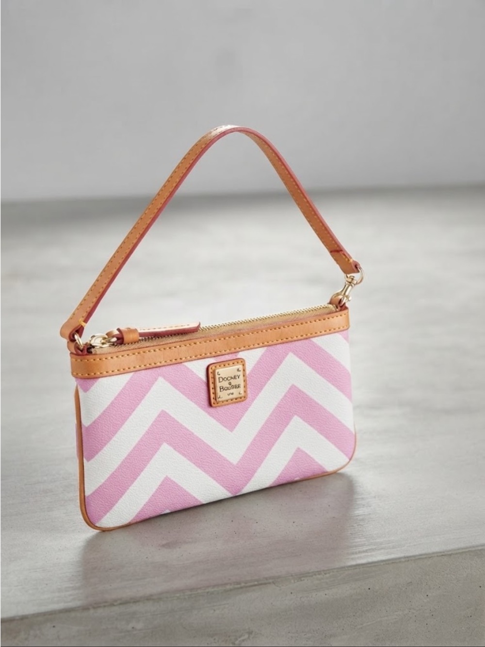 Dooney & Bourke Chevron Large Slim Wristlet Clutches in Fuchsia & White Color
